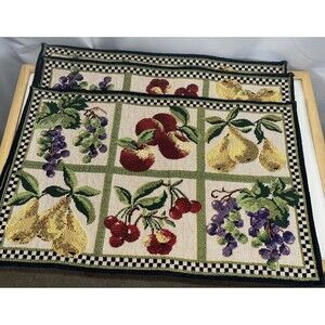 Set 3 Decorative Woven Textile Tapestry Placemats 12x19 Checkered Pears Apples